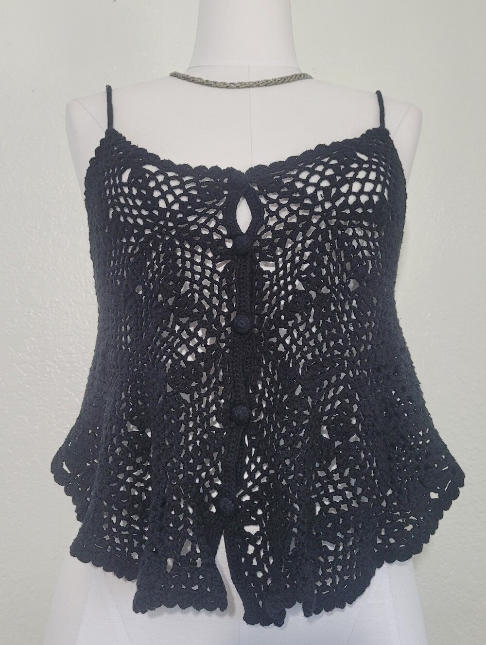 Kaitlyn Black Open-Stich Crochet Cami Strap with Button-Front Closure Medium